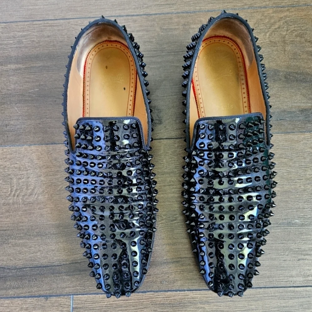 Louboutin Men's Black Dandelion Spikes Flat Patent - Size 45 US 11